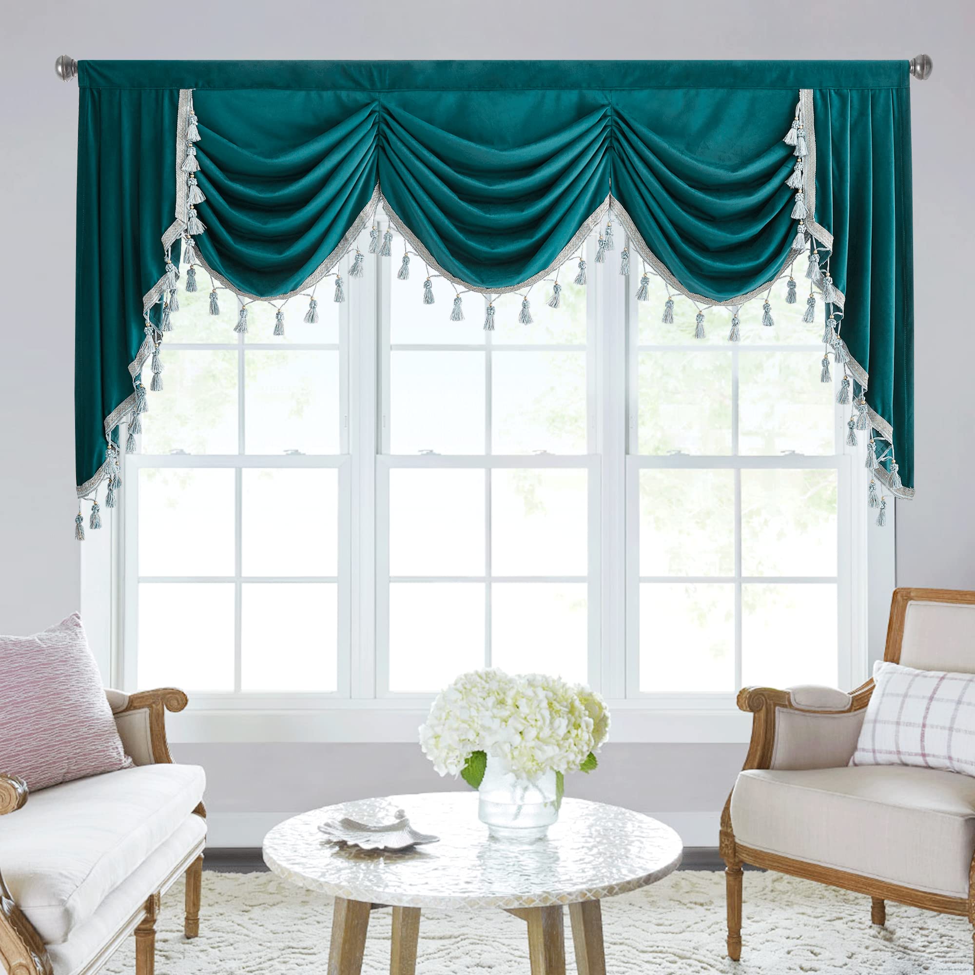 <ul><li><p> known as festoon, </p></li><li><p>single or double draping of fabric across the top of the window. </p></li><li><p>It is hung from a foundation cornice.</p></li><li><p>will bring all of the colors of your room together to create a romantic focal point.</p></li></ul><p></p>