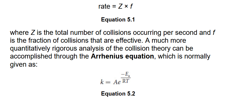 <p>Collision Theory of Chemical Kinetics<br>Activation energy <em>E</em><sub>a</sub> (energy barrier)<br>Arrhenius equation<br>Frequency factor<br>Attempt frequency<br>Ideal gas constant</p>