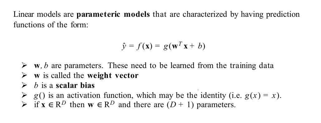 <p>Linear models are parameteric models that are characterized by having prediction functions.</p>