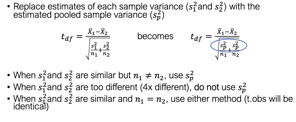 <p>Replace each variance with pooled variance:</p><img src="https://knowt-user-attachments.s3.amazonaws.com/c057c46c-98ee-46ef-9479-4507f692e551.png" data-width="25%" data-align="center"><ul><li><p>If variances are similar and n1≠n2​ → use pooled.</p></li><li><p>If variances are too different → don’t pool.</p></li><li><p>If variances similar &amp; n1=n2​ → either method works (same result).</p></li></ul><p></p>