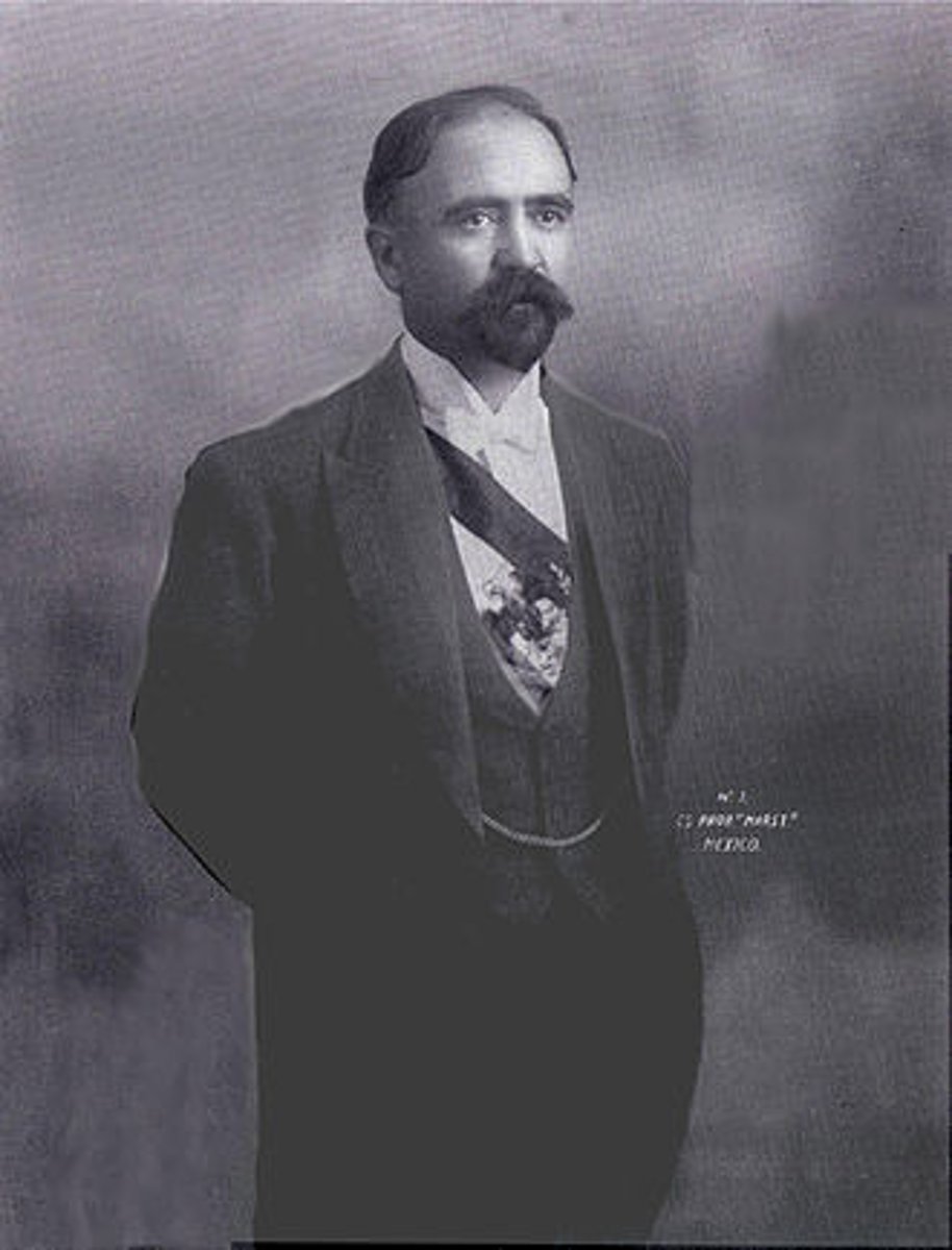 <p>Early leader in the Mexican Revolution; in 1911 became president of Mexico; wanted land ownership and free, honest elections, two years later he was murdered, led to power struggles</p>