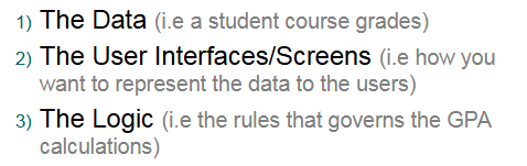<p>so for MODEL VIEW CONTROLLER:</p><p>data = model</p><p>user interface/screen = view</p><p>logic = controller</p>