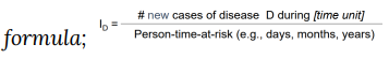 <ul><li><p>new cases relative to the population at risk.</p></li><li><p>person time at risk = total amount of time contributed by each individual while he / she remained at risk of developing the disease </p></li></ul><p></p>