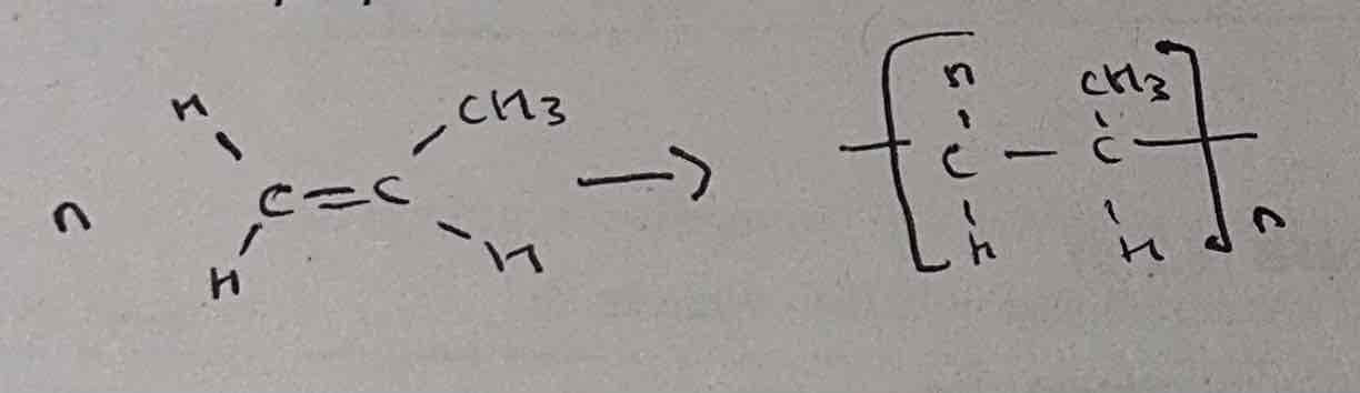 <ul><li><p>monomer, no brackets</p></li><li><p>bond sticking out of brackets in polymer</p></li><li><p>n to the right in the polymer</p></li></ul>