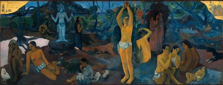 <ul><li><p><strong>ID:</strong> Paul Gauguin, 1897–1898 CE, Oil on canvas, Tahiti</p></li><li><p><strong>Content:</strong> A symbolic narrative of life stages, from birth to death, with Tahitian figures.</p></li><li><p><strong>Function:</strong> Explores philosophical and existential questions.</p></li><li><p><strong>Context:</strong> Painted in Tahiti, rejecting European civilization for a "simpler" life.</p></li><li><p><strong>Form:</strong> Flattened color areas, exotic imagery, symbolic figures.</p></li></ul><p></p>