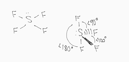 EG: trigonal bipyramidal

MG: seesaw

Bond Angle: <90, <120, and <180
