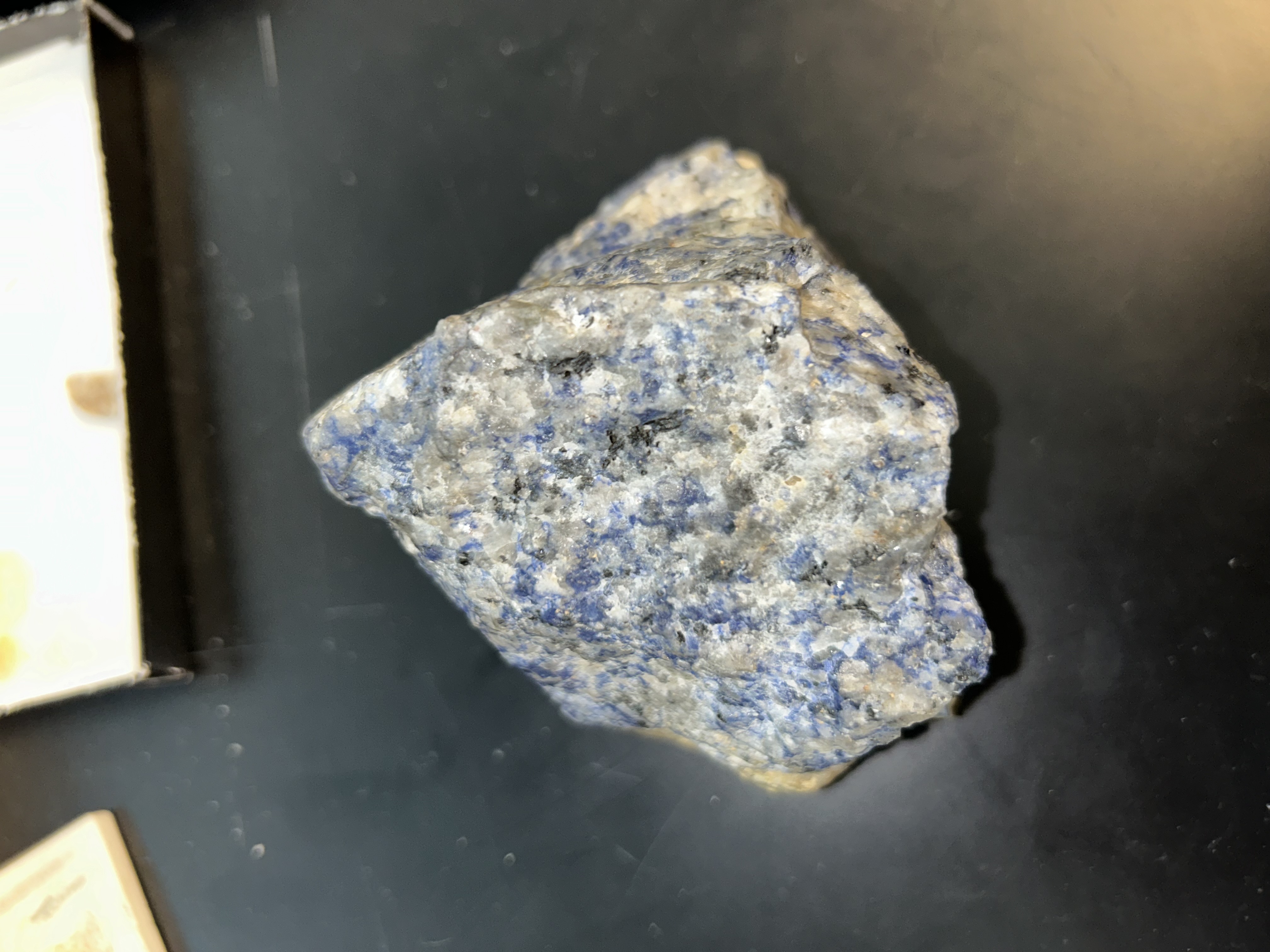 <p>color: typically blue</p><p>hardness: 5.5-6, Specific Gravity: -2, cleavage: poor</p><p>commonly massive, in embedded grains. commonly associated with nepheline and cancrinite and other feldspathoids in nepheline syenites, trachytes, phonolites, ect...</p>
