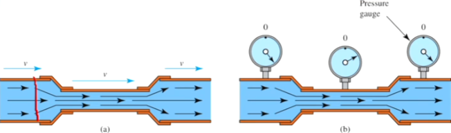 <p>In order for the same amount of mass to pass through a cross-section of the wide and narrow sections in a certain amount of time, <u>the fluid must flow faster in the narrow section.</u></p>