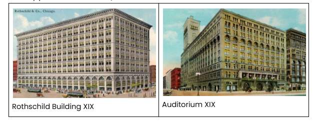 <p><span style="background-color: transparent;"><span>El lenguaje arquitectónico de Sullivan varía mucho de una obra a la otra. El hilo conductor se encuentra más bien en su teoría, guiada por un juicio excepcionalmente lúcido. Rothschild Building (decoración desmesurada sobre la base de fundición y piedras esculpidas. Trata toda la zona intermedia como un elemento unitario y con ello subraya las divisiones verticales, contra poniéndolas a las zonas del basamento y del coronamiento, que son horizontales. Aparece así el verticalismo típico de sus edificios) - Auditorium ( gran teatro de ópera, con paneles plegables en el techo y pantallas verticales)</span></span></p>