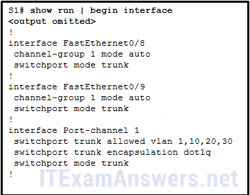 <p><strong>61. Refer to the exhibit. A network administrator is reviewing the configuration of switch S1. Which protocol has been implemented to group multiple physical ports into one logical link?</strong></p>