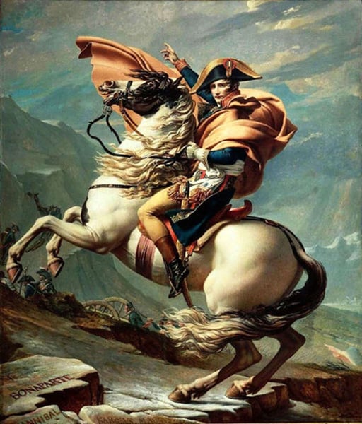 <p>made by Jacques-Louis David. Napoleon didn't agree to pose so David used his son. replaced his mule with a stallion. it was innaccurate but Napoleon liked it. had Hannibal and charlamagne written.</p>