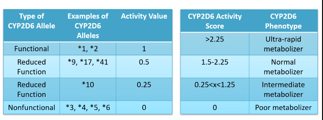 <p>Mark’s mom has a diplotype of *9/*3</p><p>Mark’s dad has a diplotype of *4/*5 </p><p>Mark inhereted <em>*3/*4 </em></p><p></p><p>how does each person in the family metabolize through CYP2D6?</p>
