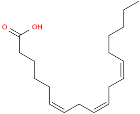 <ul><li><p>18C unsaturated fatty acid</p></li><li><p>CH3-(CH2)4-(CH==CHCH2)3-(CH2)3-COOH</p></li></ul><p></p>