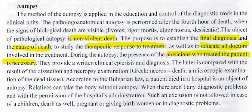 <p><strong><span>In which cases a pathological autopsy is performed?</span></strong> </p><p>a) when there is suspicion for diagnostic or therapeutic malpractice </p><p>b) death of a person outside the hospital </p><p>c) when there is suspicion of violent death </p><p><strong>d) death of a patient in the hospital and when the relatives don’t ask the principal to cancel the autopsy</strong></p><ul><li><p>PATHOLOGOGICAL AUTOPSY subjects are ALWAYS <strong>NON-VIOLENT DEATHS</strong>!!!</p></li><li><p>if violent, it would be sent for <strong>FORENSICS</strong>!!</p></li></ul><p></p>