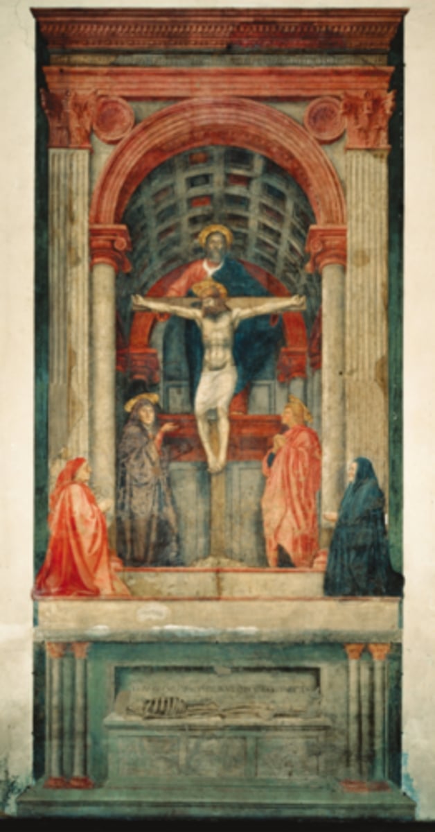 <p>∙ Frescos for altar in Santa Maria Novella in Florence, Italy</p><p>∙ OT Narrative w/ Classical Greco-Roman inspired motifs/sculpture</p><p>∙ Crucifixion of Christ, God stands behind supporting his arms, flanked by Virgin Mary &amp; St. John; all w/ w/ golden halos</p><p>∙ Donors Lorenzo Lenzi depicted kneeling/ praying in foreground</p><p>∙ Inscription on painted altar w/ skelton "I was once what you are, and what I am you will become"</p><p>∙ Artistic Significance:</p><p>- Recall simple, solemn graduer of Gitto</p><p>- Recall math. design/prespective by Burnellchi; draws eye throughout</p><p>- illusionistic effects= specifically thru 3-D forms &amp; deep sculptural relief</p><p>- illusion of 3-d space, everything is painted including the altar</p><p>- Vanishing point @ Christ's feet?</p><p>- rich detail</p><p>- vivid color</p><p>- chiaroscuro</p><p>- smoky sumato</p><p>- symmetrical compostion</p><p>- secular and religious overtones</p><p>- atmospheric &amp; linear perspective</p><p>smoky sumato</p><p>- symmetrical compostion</p>
