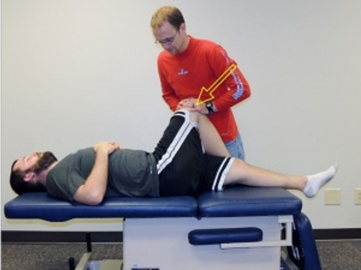 <p>Position: Supine. <span style="color: red">Hip in flexion and adduction</span>. Hand on knee. Don’t compress through patella</p><p>Purpose: inc. hip flexion. medial rotation</p>