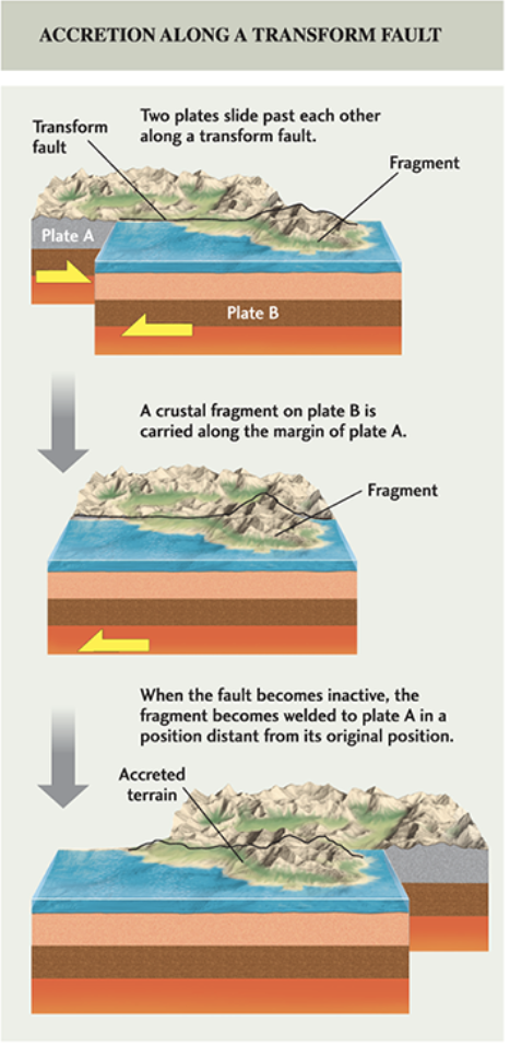 <p>2 plates slide past each other → strike-slip faulting which can move chunks of land from one plate to the other</p>