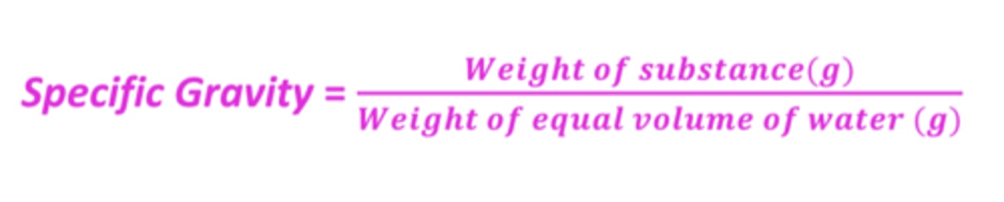 <p>a ratio, expressed decimally, of the weight of a substance to the weight of an equal volume of a substance chosen as a standard, both substances at the same temperature</p>