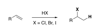 <p>HX, +CR preferred for carbocation so X bonds on C next to R </p>