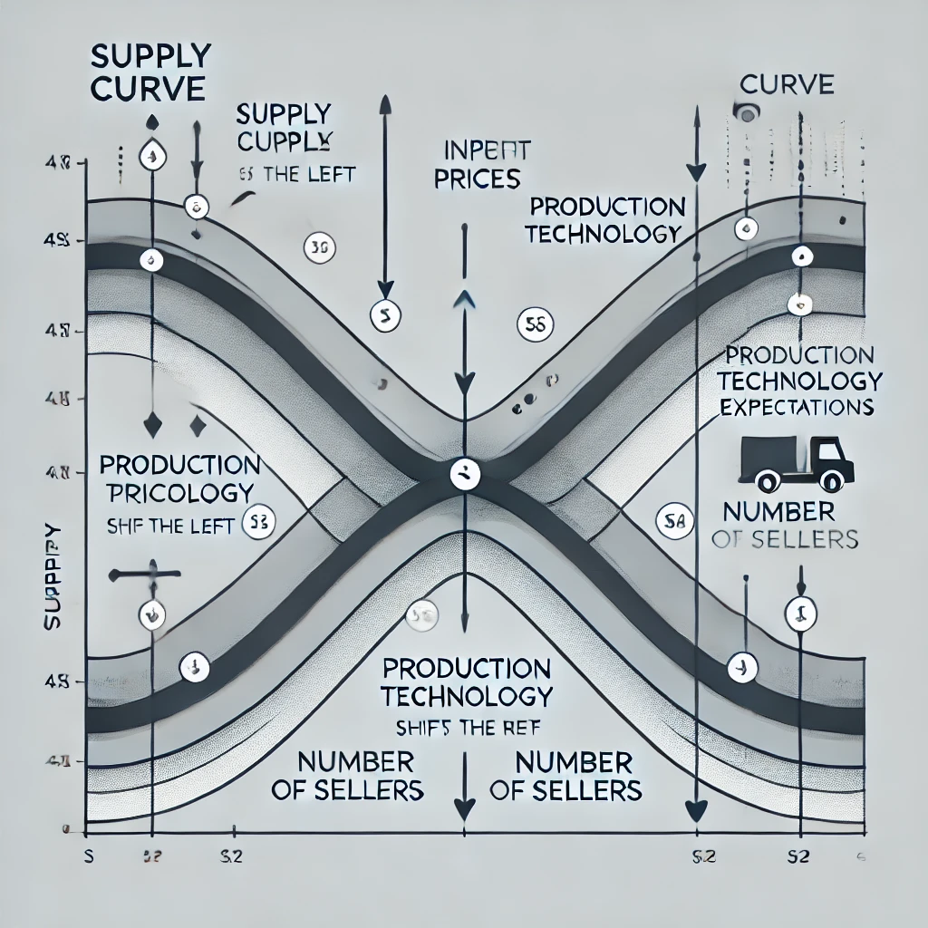 <p><span style="color: yellow">What factors change the supply?</span></p><ul><li><p><span style="color: yellow">Impact of input prices?</span></p></li><li><p><span style="color: yellow">Impact of production technology?</span></p></li><li><p><span style="color: yellow">Impact of expectations?</span></p></li><li><p><span style="color: yellow">Impact of the number of sellers?</span></p></li></ul><p></p>