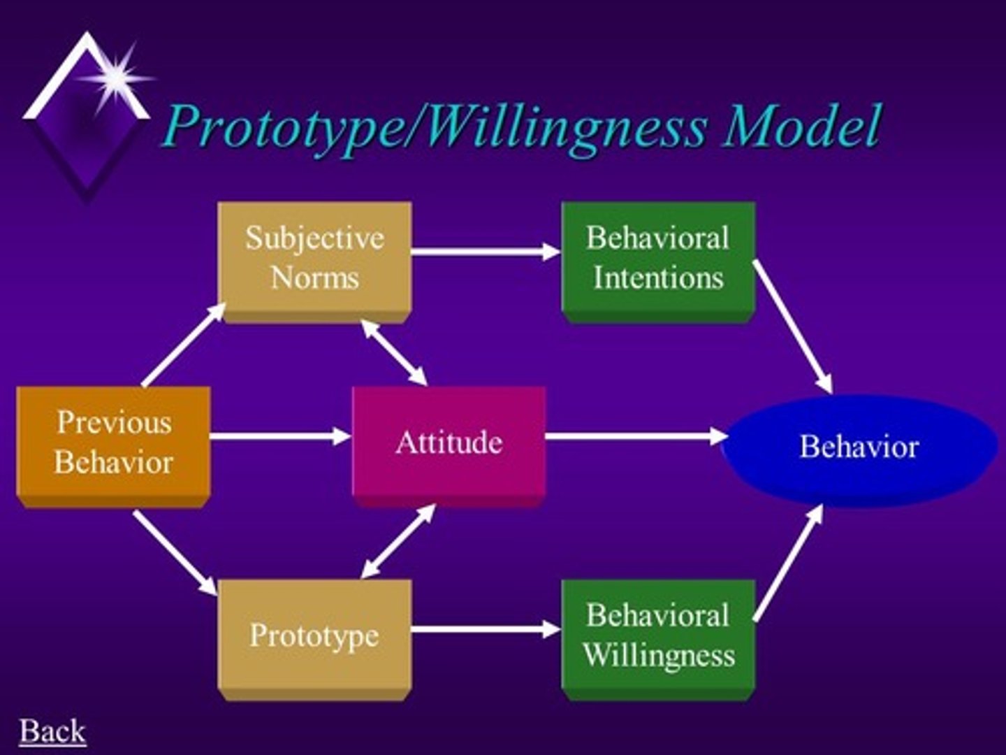 <p>Basically, this theory says that there are two paths of influence on this child's behavior. The first path is rational and analytical (i.e. "It is okay to smoke because I've never been taught the consequences") . The second path is the social reaction path, which involves prototypes ("I know people who smoke and they are cool") and willingness to engage in the risky behavior ("I'm a daredevil, risk-taker kind of person").</p>