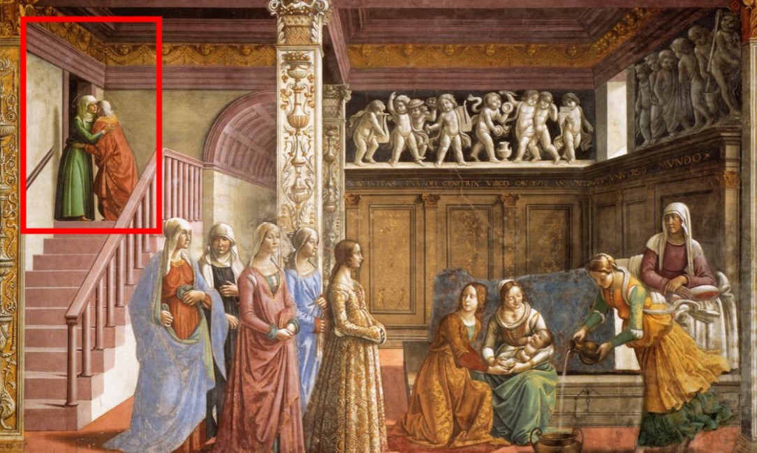 <p>the meeting at the golden gate and the birth of the virgin, fresco, ghirlandaio, 1485-1490, santa maria novella, florence, italy</p>