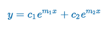 <p>Criteria: m<sub>1 </sub>&amp; m<sub>2</sub> real &amp; distinct (b<sup>2</sup> - 4ac &gt; 0)</p><p>am<sup>2</sup> + bm + c = 0 has 2 real unequal roots m<sub>1</sub> &amp; m<sub>2 </sub>→ linearly independent y<sub>1</sub> = e<sup>m</sup><sub><sup>1</sup></sub><sup>x</sup> &amp; y<sub>2</sub> = e<sup>m</sup><sub><sup>2</sup></sub><sup>x</sup></p><p><strong>m<sub>1</sub> = (-b + √(b<sup>2</sup> - 4ac)) / 2a) &amp; m<sub>2 </sub>= (-b + √(b<sup>2</sup> - 4ac)) / 2a)</strong></p><p><strong>y = c<sub>1</sub>e<sup>m</sup><sub><sup>1</sup></sub><sup>x</sup> + c<sub>2</sub>e<sup>m</sup><sub><sup>2</sup></sub><sup>x</sup></strong></p>