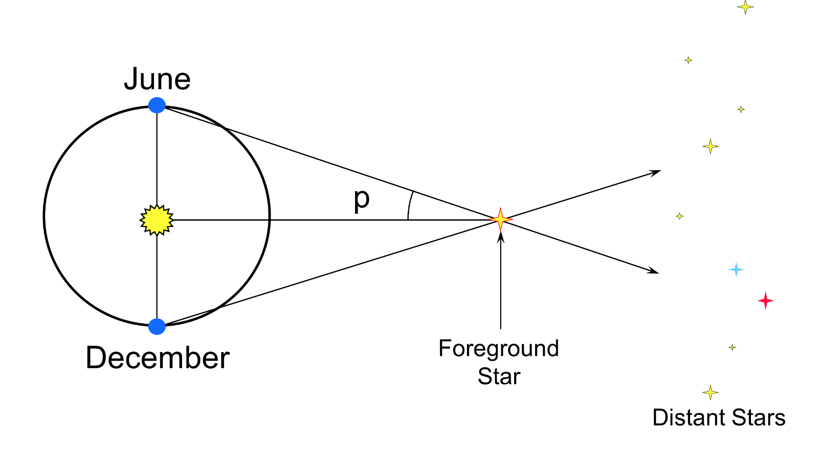 <ul><li><p>The apparent movement of a nearby star against the distant background stars as the  earth moves around the sun</p></li><li><p>p is the parallax angle</p></li></ul>