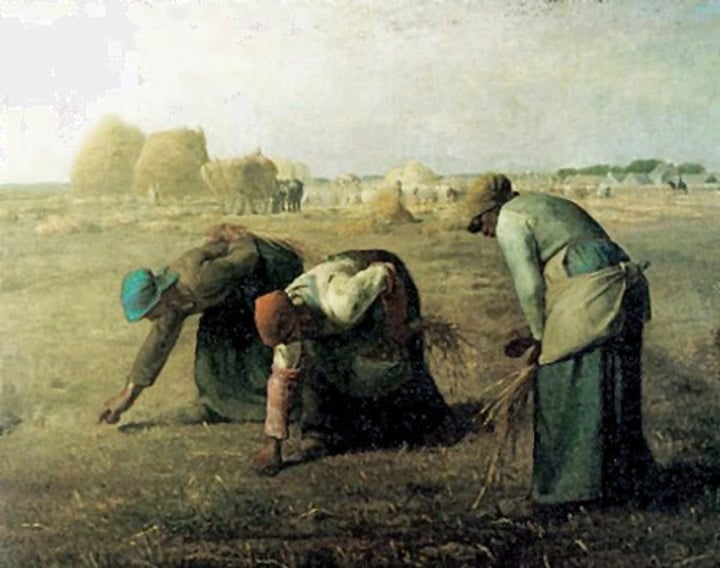 <p>Millet, 1857, Realism, France, oil on canvas. The people are gleaners who are rural beggars that pick up leftovers of a harvest. Many were scared of the painting as it could revolutionize the poor.</p>