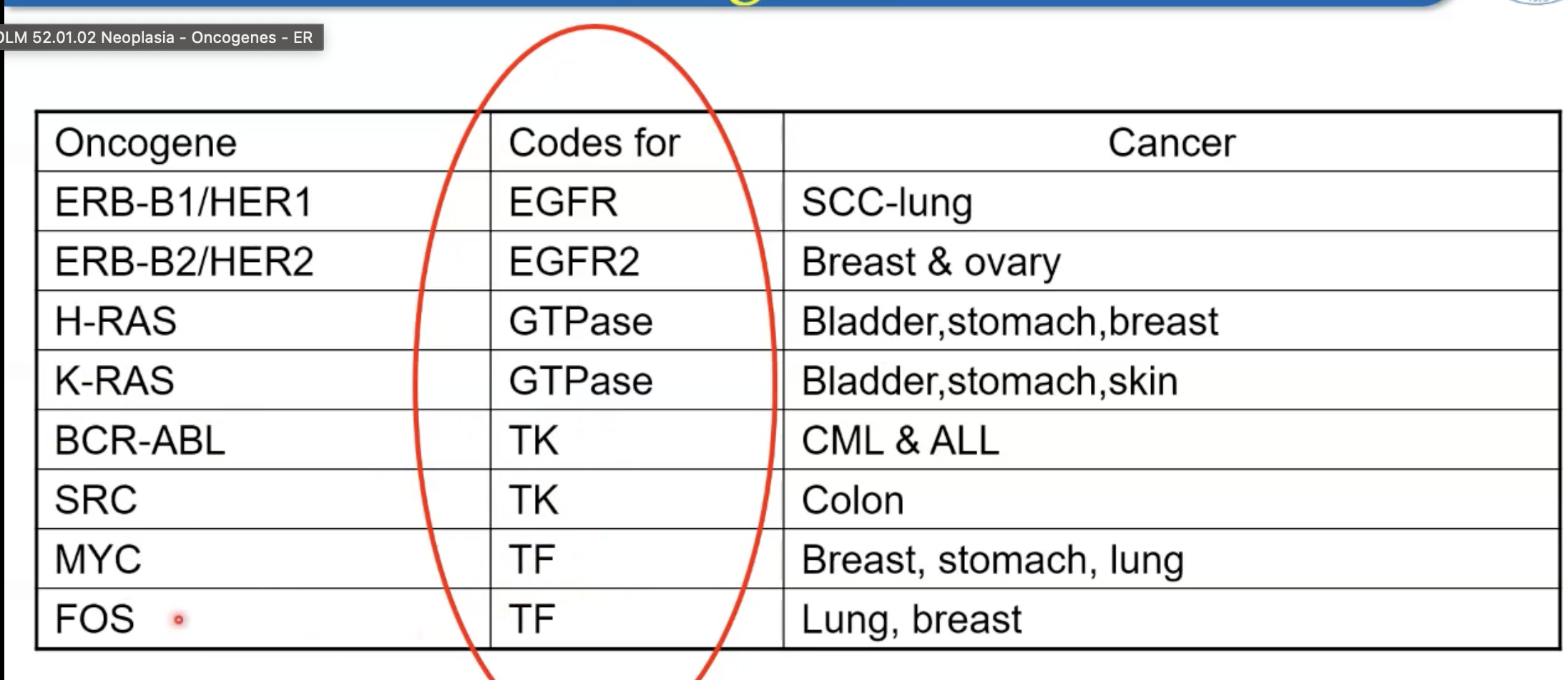 <p><strong>MUST KNOW ONCOGENE AND WHAT IT CODES FOR!!!!!</strong></p>