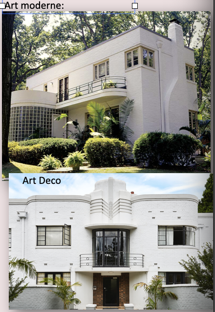 <p>Art Deco: ~smooth wall surface, typically of stucco</p><p class="p1"> ~chevrons, zig zags and other stylized </p><p class="p1">Art Moderne: ~ smooth wall surface, typically of stucco</p><p class="p1"> ~flat roof, usually with small ledge</p><p class="p1"> ~horizontal grooves or lines in walls </p>
