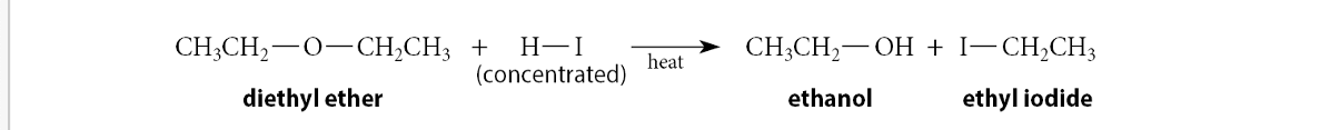 <p>with a <strong>strong acid</strong> under harsh conditions.</p><p>with primary alkyl groups -&gt; SN2 mechanism</p><p>tert-alkyl groups -&gt; SN1 mechanism</p>