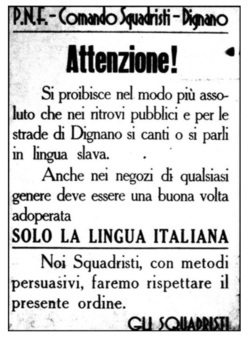 <p>- In 1920, according to secret treaties, the former Austrian Littoral and Western part of the former Inner Carniola in Slovenia were annexed to the Kingdom of Italy.<br>- Approximately, 327,000 / 1.3 million Slovenes in Slovenia at the time were cut off from the remaining 3/4 of Slovenes due to this annexation. <br>- These Slovenes were subjected to forced Fascist Italianization after the fascists rose to power and aimed to eradicate the Slovenian middle class and their language.</p>