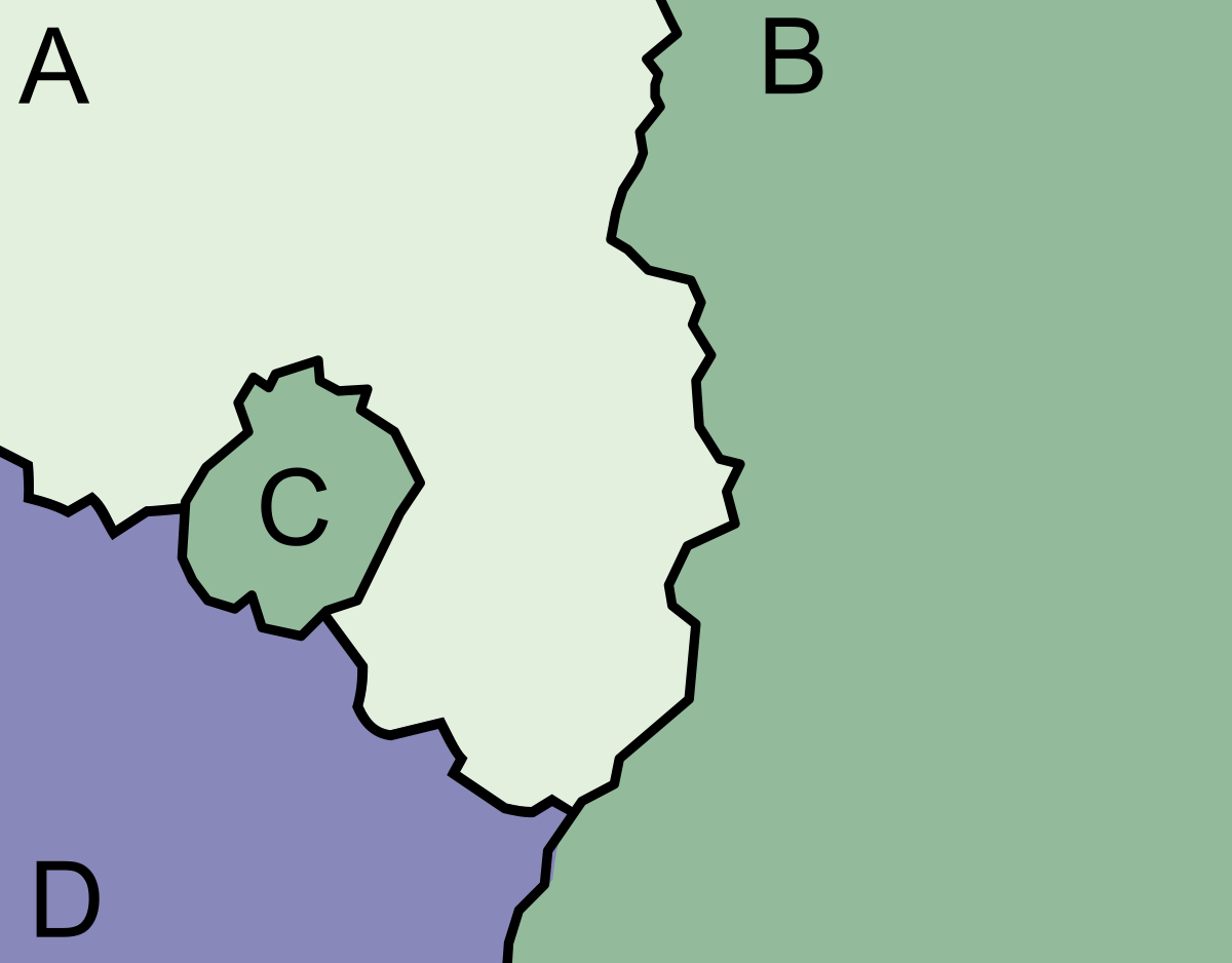 <p>A territory legally attached to another territory with which it is not physically contiguous, borders more then one country or another geographical feature</p>