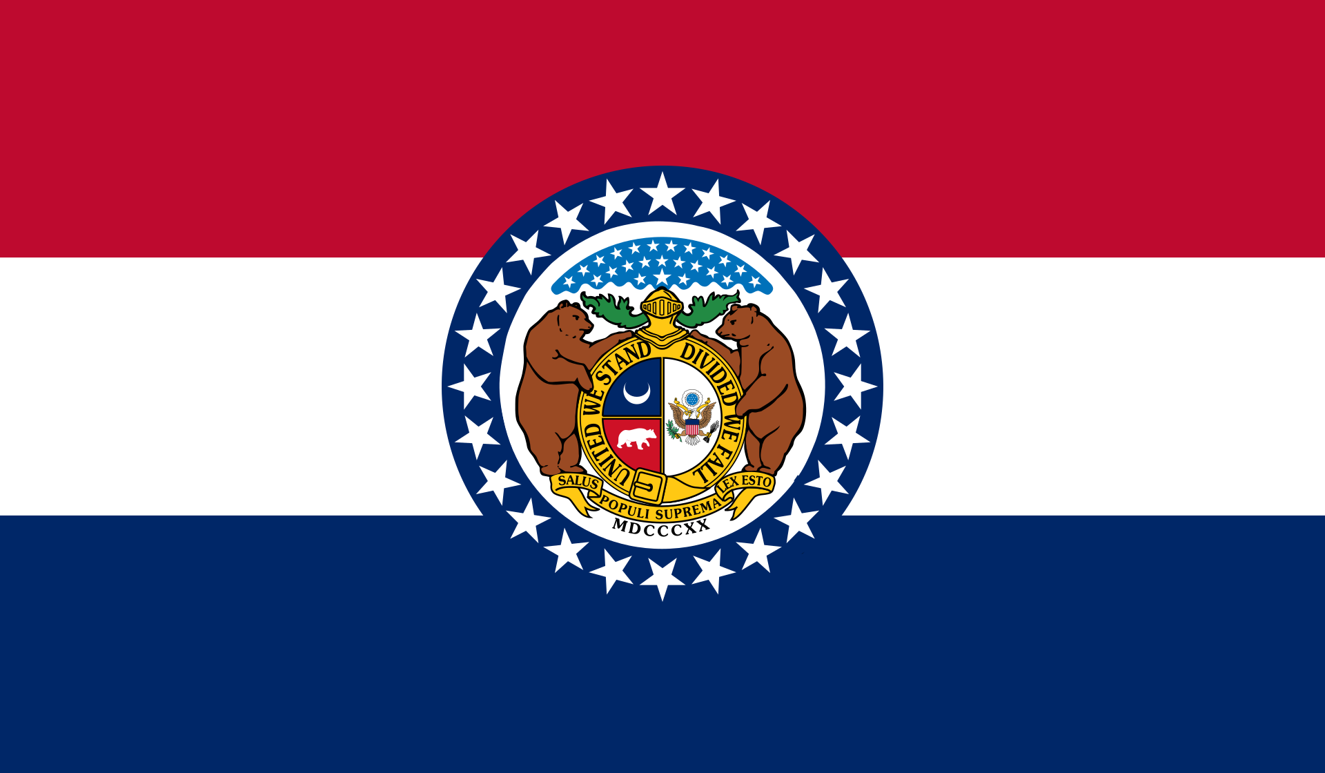 <p>Red White Blue tricolor with an emblem of two bears and 24 stars.</p>