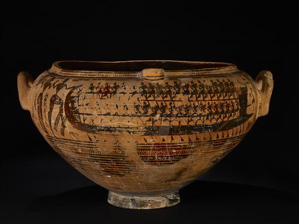 <p> Louterion with ship scene, Greek, c. 735 BCE</p>
