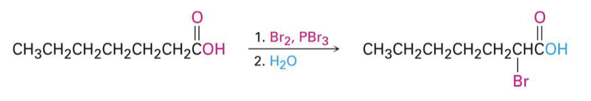 <p>hell-volhard-zelinskii rxn, to brominate carboxylic acids</p>