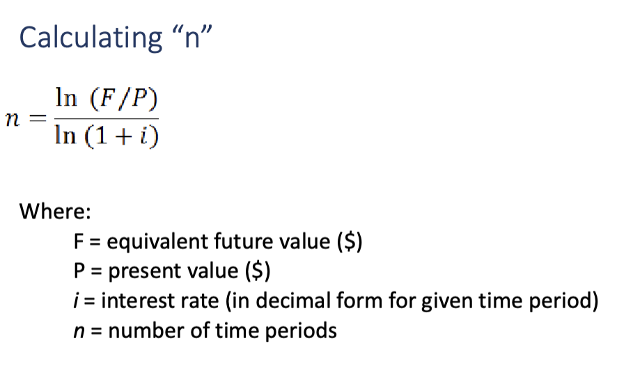 <p>n = ln(F/P) / ln (1 +i)</p>