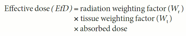 <p>(<strong>A</strong>) The tissue weighting factor (Wₜ) represents the relative tissue radiosensitivity of irradiated material (e.g., muscle vs. intestinal epithelium vs. bone).</p><p>The radiation weighting factor (Wᵣ) is a number assigned to different types of ionizing radiations to better determine their effect on tissue (e.g., x-ray vs. alpha particles). The Wᵣ of different ionizing radiations depends on the LET of that particular radiation.</p><p>The following formula is used to determine effective dose (EfD):</p>