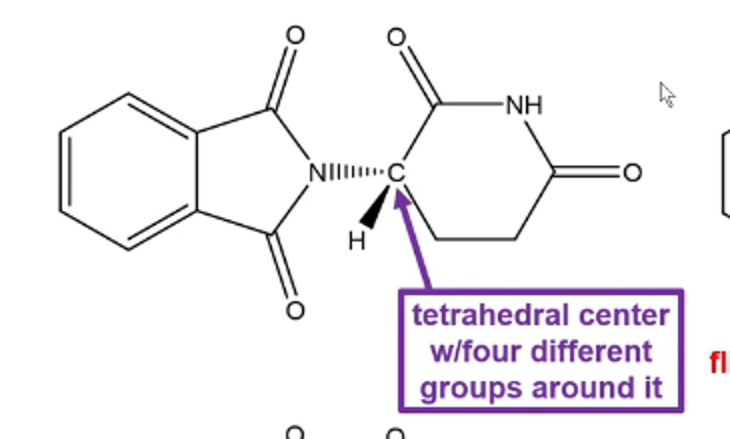 <p>tetrahedral center molecules with four different groups around it</p>