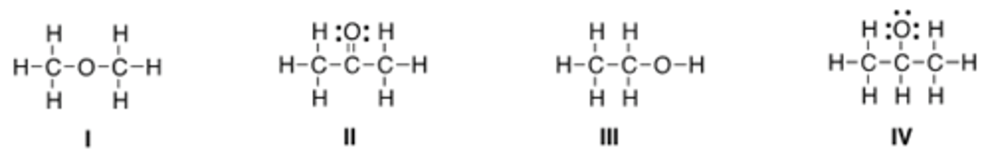 <p>Which of the following is the appropriate conversion of the condensed structure,</p><p>CH3COCH3, to a Lewis structure?</p><p>A) I</p><p>B) II</p><p>C) III</p><p>D) IV</p>