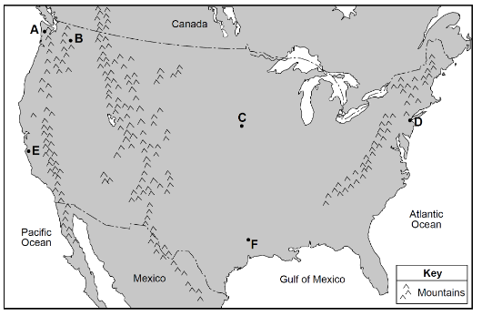<p><span>The climate of location A is more humid than location B because A is</span></p>