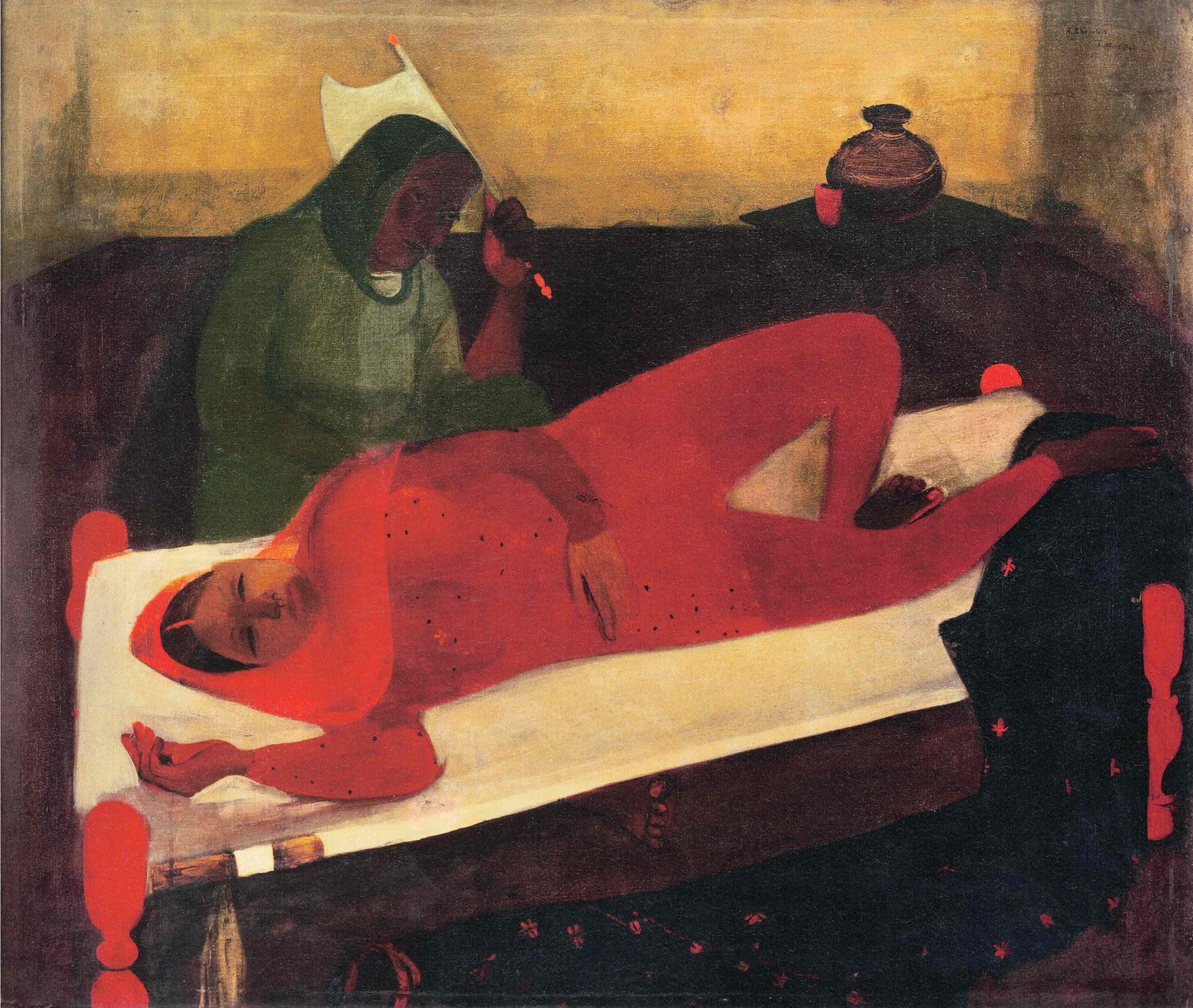 <p>This piece was created by one of the first professional female artist in India, here we see two female figures one in red reclining while an elderly woman is watching over her. It works with the themes of Indian rural life, sexuality, and passive sexuality.  </p>