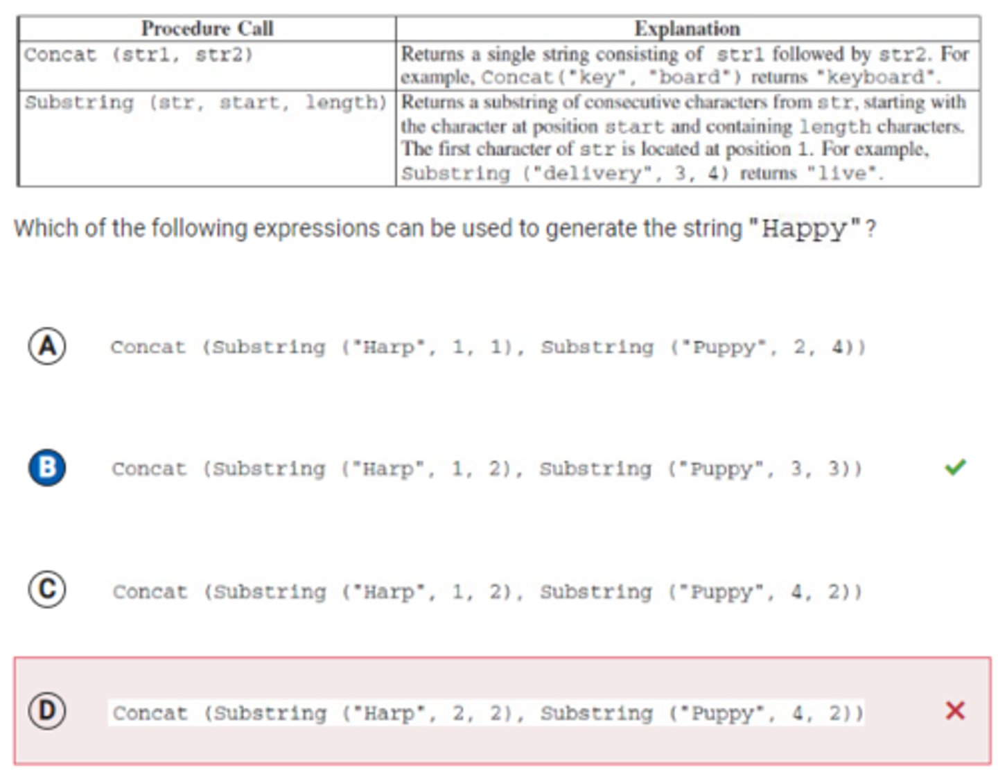 <p>Directions: The question or incomplete statement below is followed by four suggested answers or completions. Select the one that is best in each case.</p><p>A program contains the following procedures for string manipulation.</p><p>Which of the following expressions can be used to generate the string ?</p>