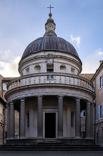 <p>Paid for by the king and queen of Spain at the time. Bramante was originally trained in painting, learned architecture by sketching buildings he saw in Rome. Structure is not a church, more similar to a cloister, made to just be seen from the outside. Frieze above columns has triglyphs and metopes that contain Christian elements. Same components as in a rectangular temple but in a sphere (3 steps, columns, Doric order columns, etc.). Second story has 16 panels to mimic 16 columns below, half sphere dome above has 16 ribs. Plato has said that a circle was the perfect sign of the divine because of its eternal nature (perfect structure to house a church). </p>