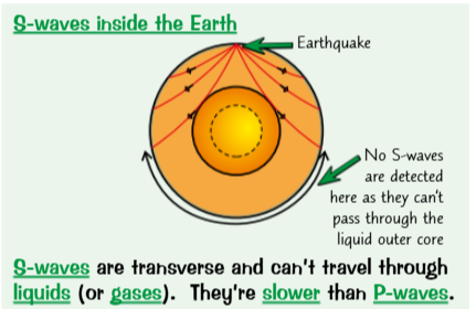 <ul><li><p>S-waves are transverse and can't travel through liquids (or gases). They're slower than P-waves.</p></li></ul><p></p>