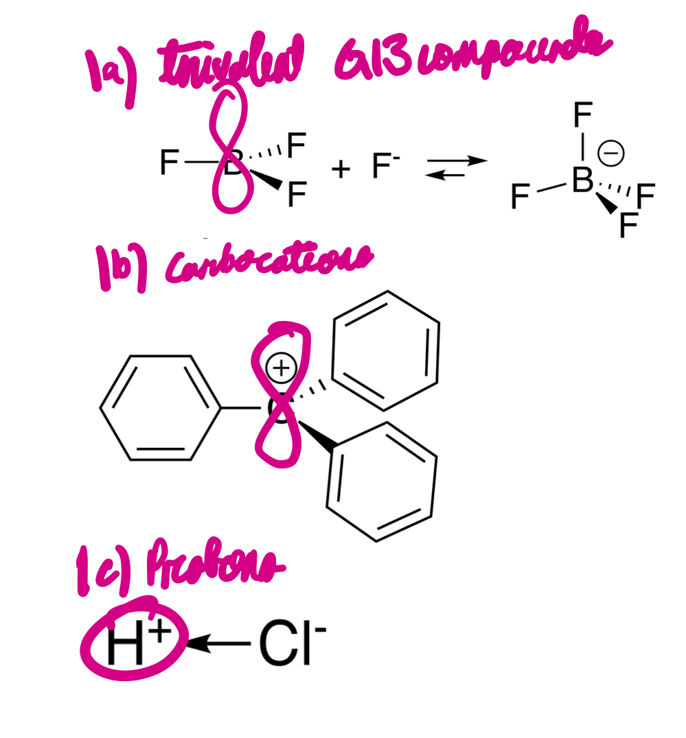 <p>Trivalent group 13 compounds, carbocations, and protons.</p>