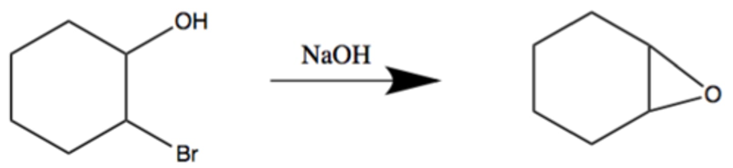 <p>Basic conditions</p><p>SN2 based INTRAmolecular cyclization rxn: ROH deprotenates to form ring</p><p>Regiospecific: formed O- adds to C(alpha) of C-X bond</p><p>Stereospecific: inversion of C(alpha) group</p>