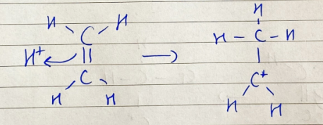<p>H+ ion attacks C=C bond for an electron and bonds with one C atom, the other C atom becomes + charged</p>