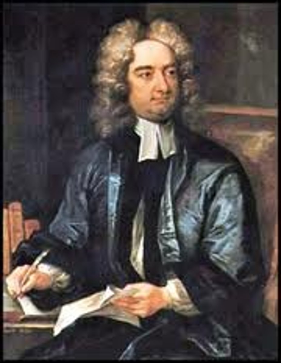 <p>Author of Gulliver's Travels, a satirical travel novel that illustrates Europeans increasing exposure to people outside of Europe. He also wrote A Modest Proposal, another satire criticizing the British lack of assistance to Ireland in a way that challenged accepted social and economic norms during the Enlightenment.</p>